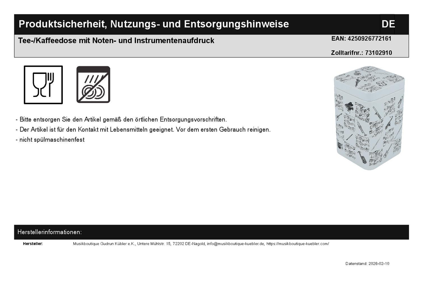 Tee-/Kaffeedose mit Noten- und Instrumentenaufdruck