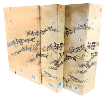 musikalischer Ordner, schmaler Ringbuchordner und Sammelmappe in creme schwarzen Noten/Notenzeilen