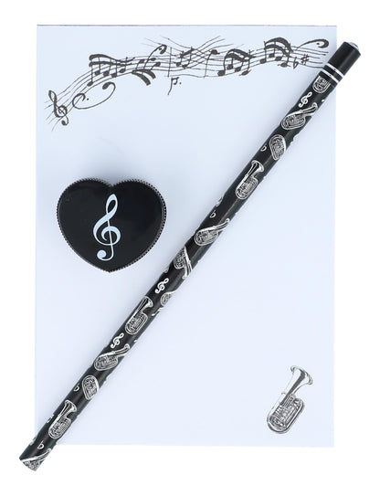 Writing set pencil, sharpener and A6 pad with various instruments