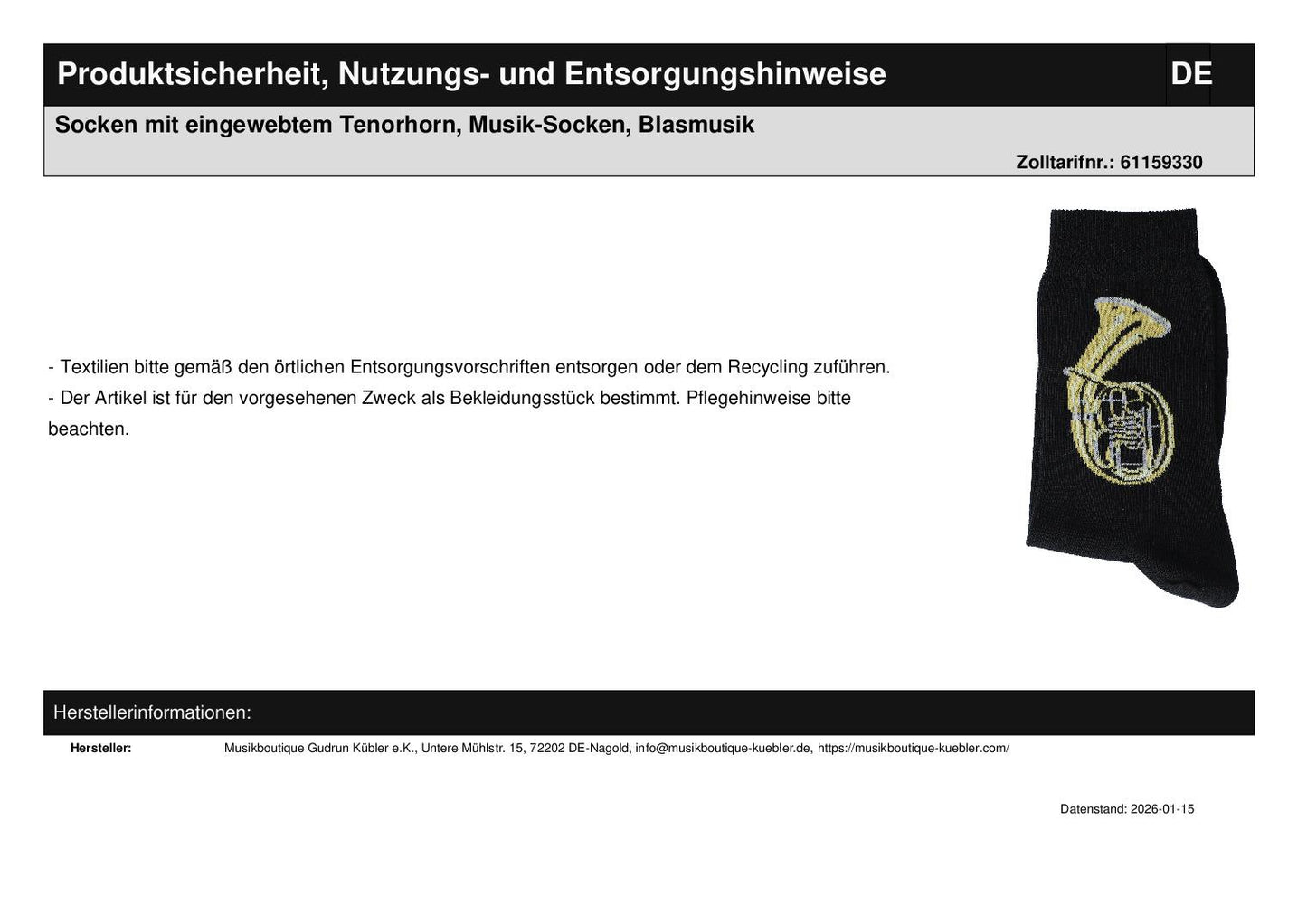 Socken mit eingewebtem Tenorhorn, Musik-Socken, Blasmusik