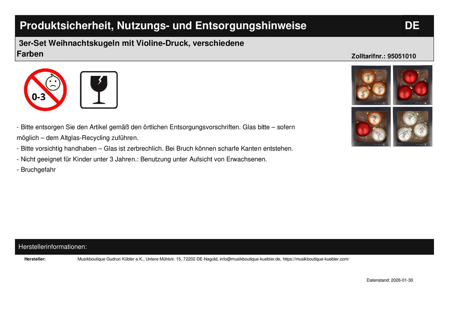 Set of 3 Christmas balls with violin print, various colors