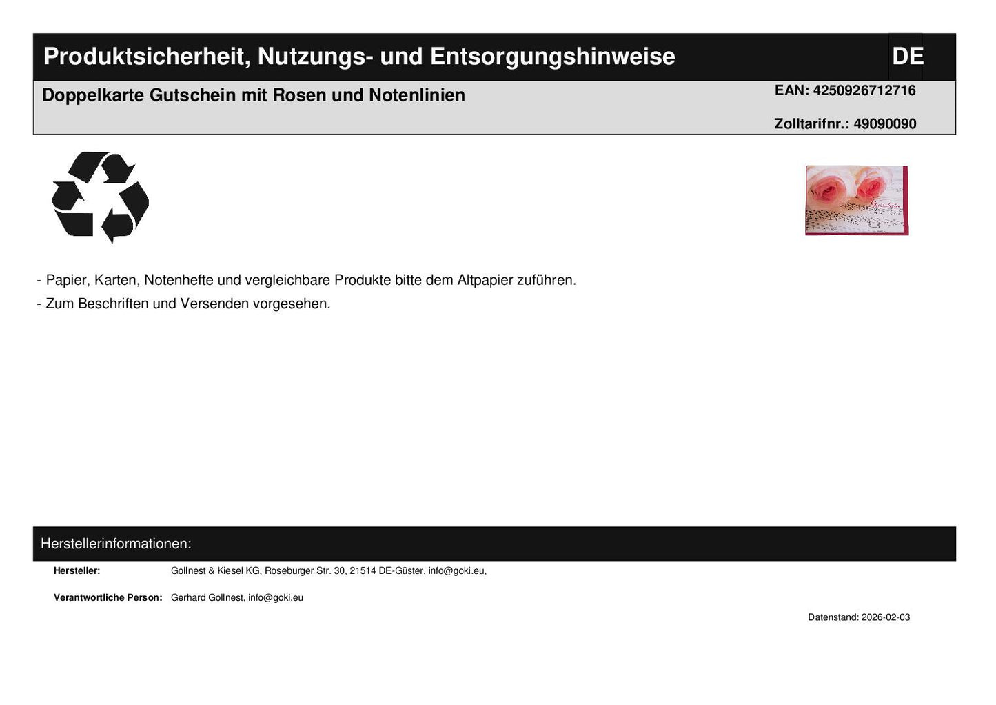 Double card voucher with roses and music lines