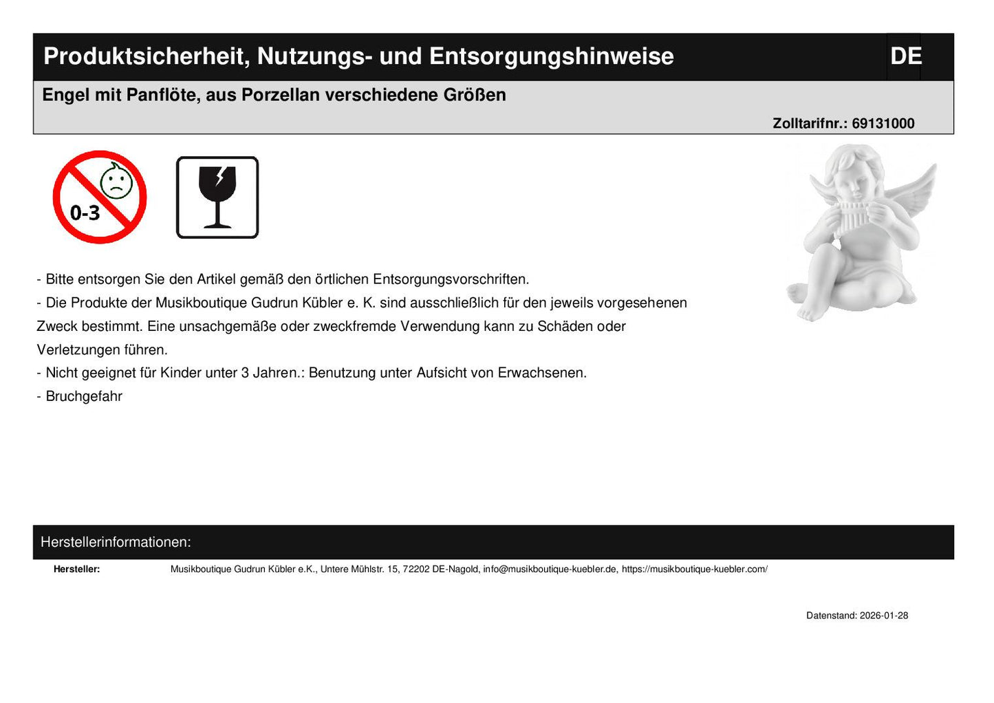 Engel mit Panflöte, aus Porzellan verschiedene Größen