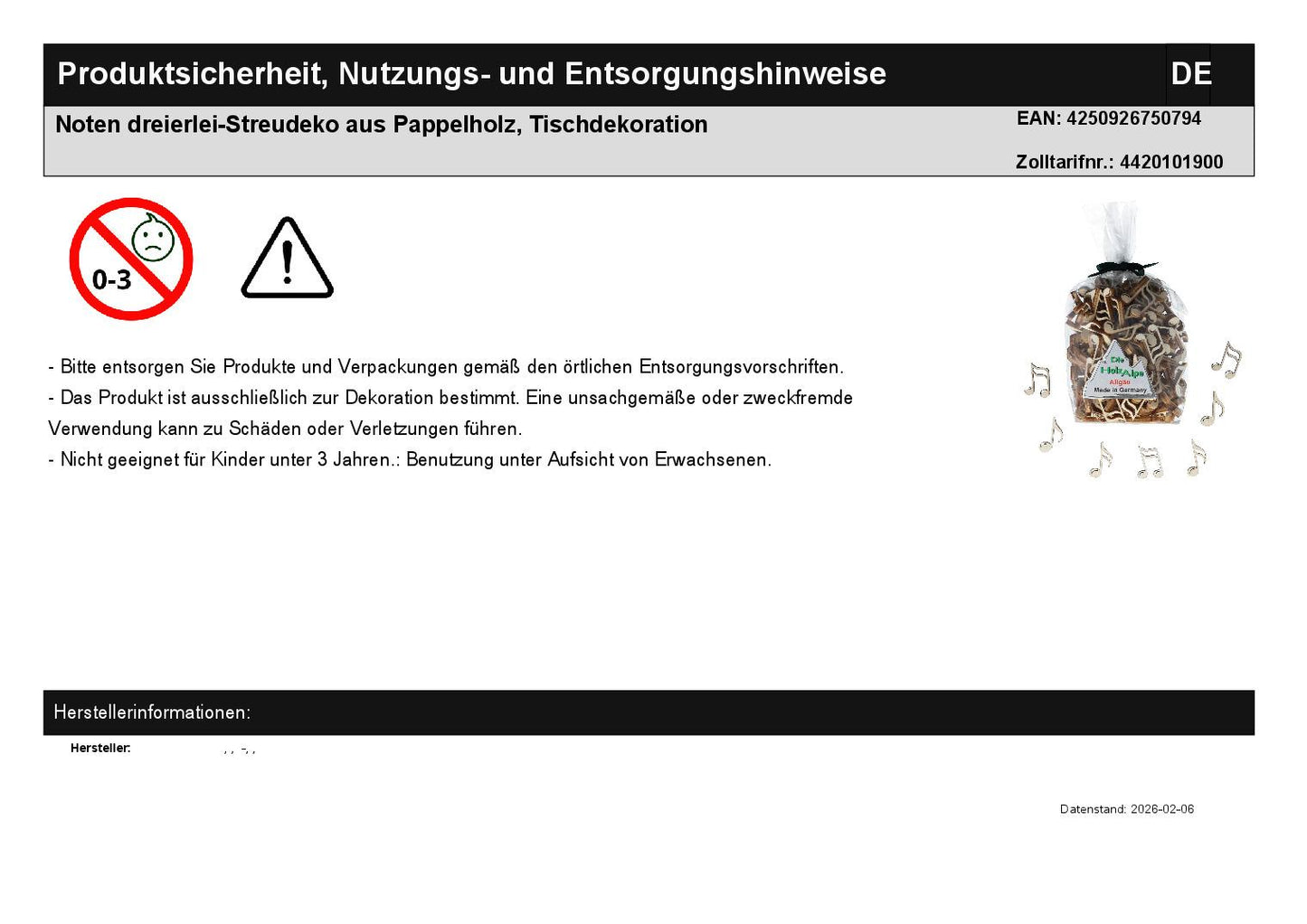 Noten dreierlei-Streudeko aus Pappelholz, Tischdekoration