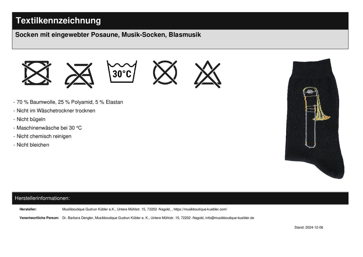 Socken mit eingewebter Posaune, Musik-Socken, Blasmusik