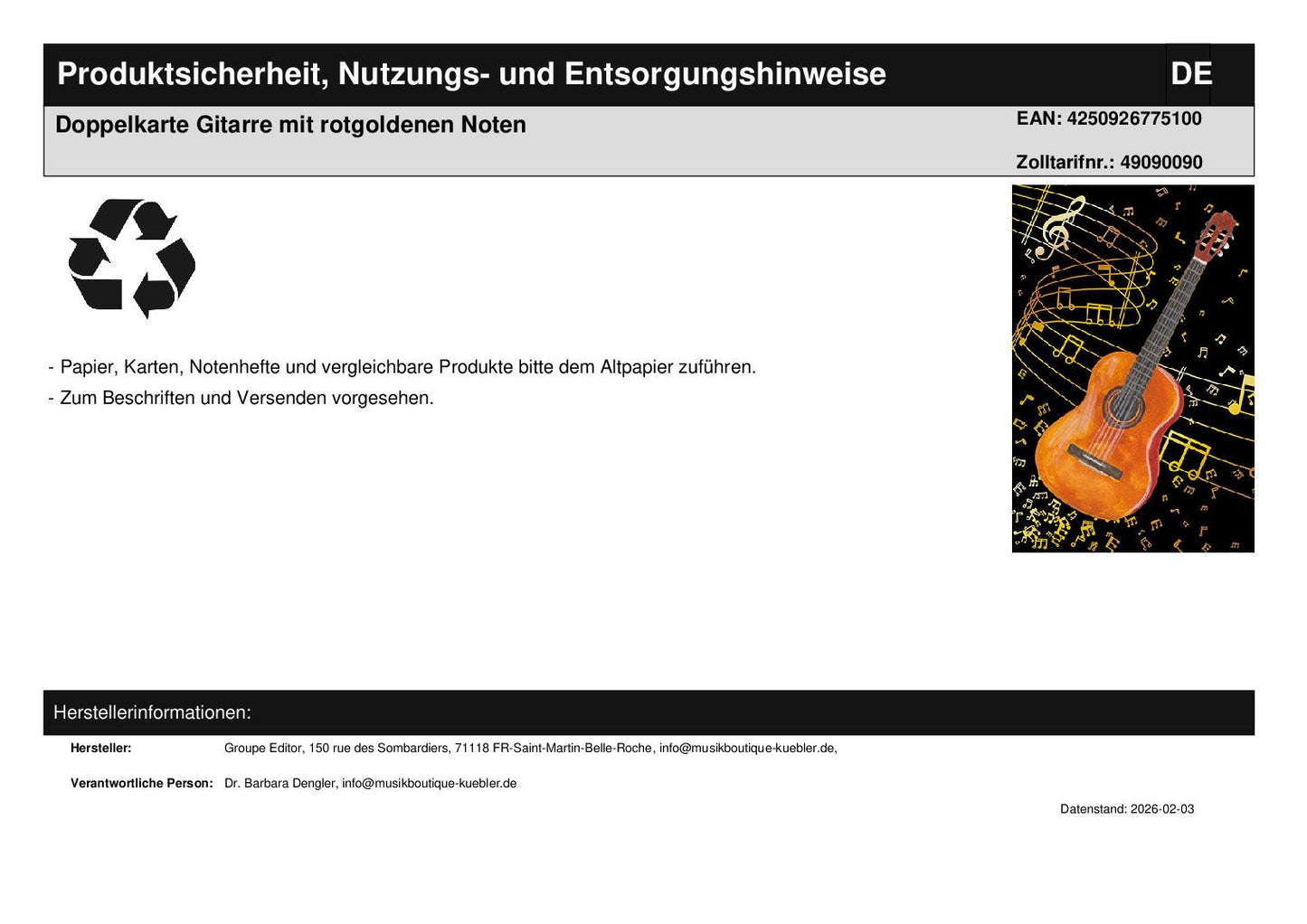 Doppelkarte Gitarre mit rotgoldenen Noten