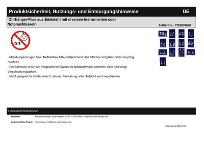 Ohrhänger-Paar aus Edelstahl mit diversen Instrumenten oder Notenschlüsseln