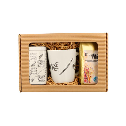 Geschenkset mit Musik-Henkelbecher, Musikertee und Teedose