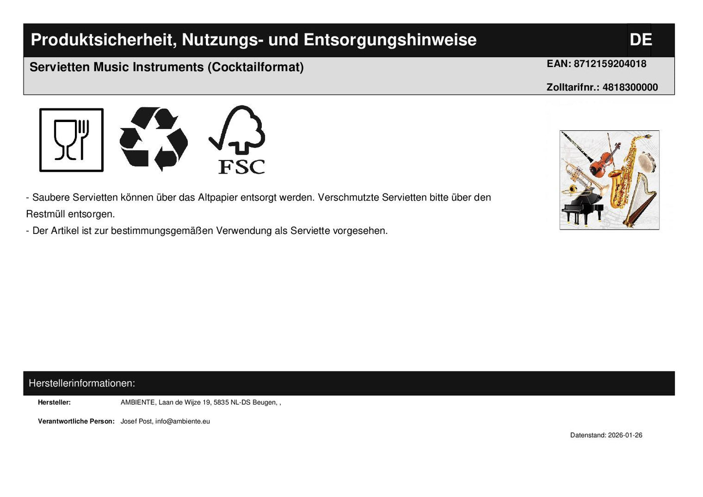 Servietten Music Instruments (Cocktailformat)