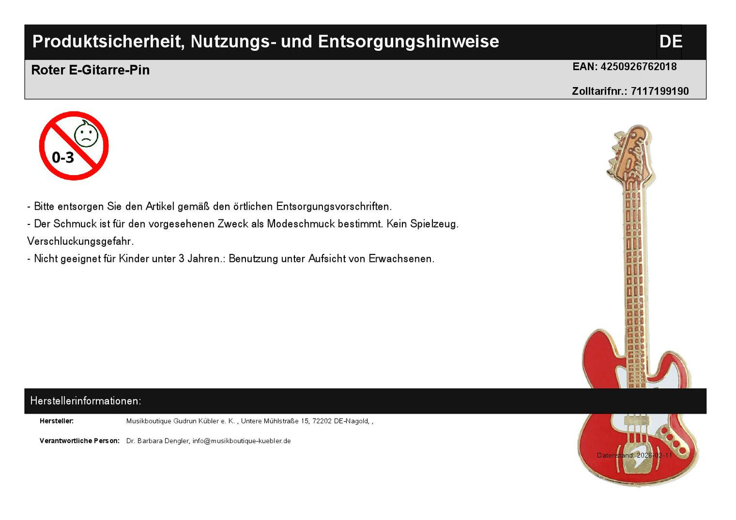 Red electric guitar pin