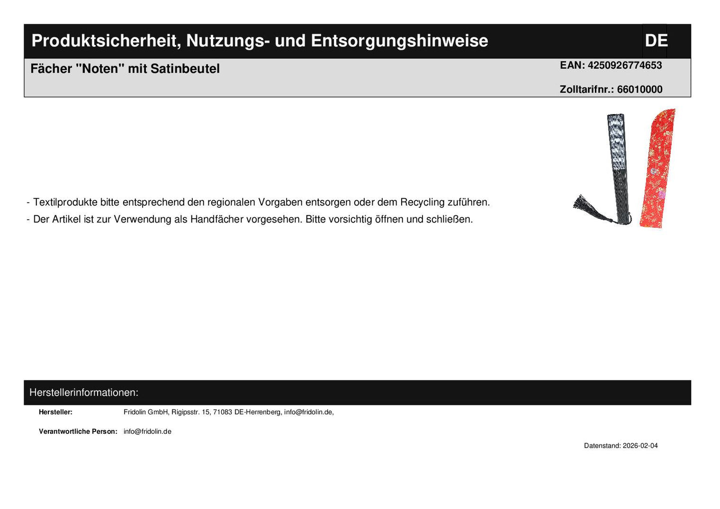 fan "Music Notes" with satin bag