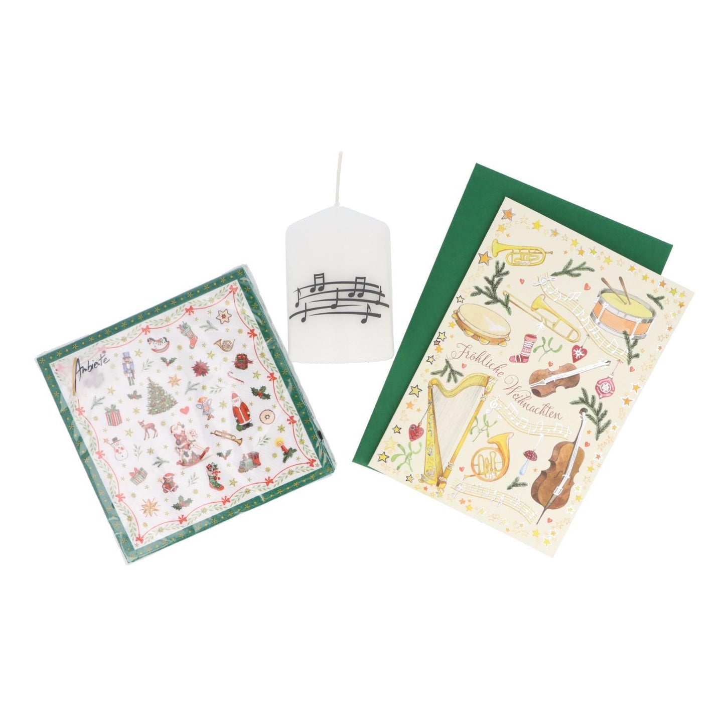 Geschenkset Kerze mit Notenlinie in Geschenkverpackung, Servietten Ornaments (Cocktailformat) und Doppelkarte Fröhliche Weihnachten
