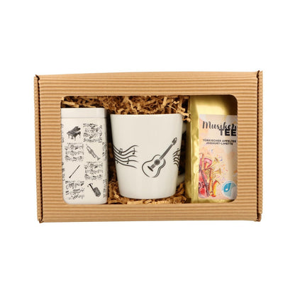 Geschenkset mit Musik-Henkelbecher, Musikertee und Teedose