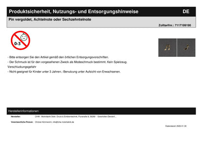 Pin gold-plated, eighth note or sixteenth note