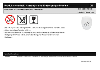 Satiniertes Windlicht mit Notenmix in schwarz