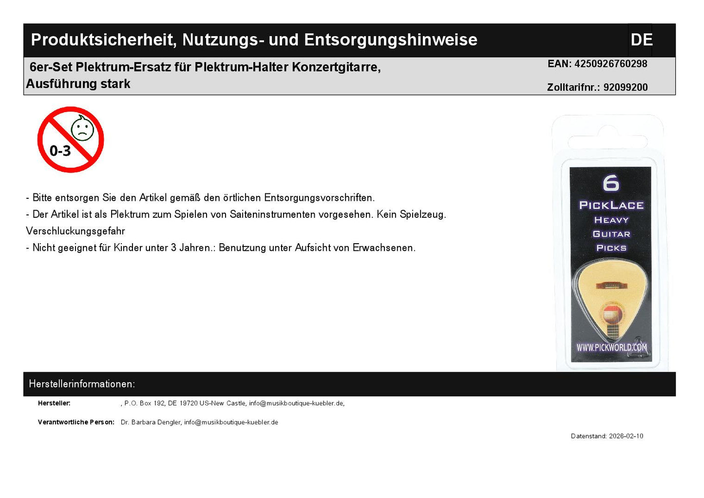 6er-Set Plektrum-Ersatz für Plektrum-Halter Konzertgitarre, Ausführung stark