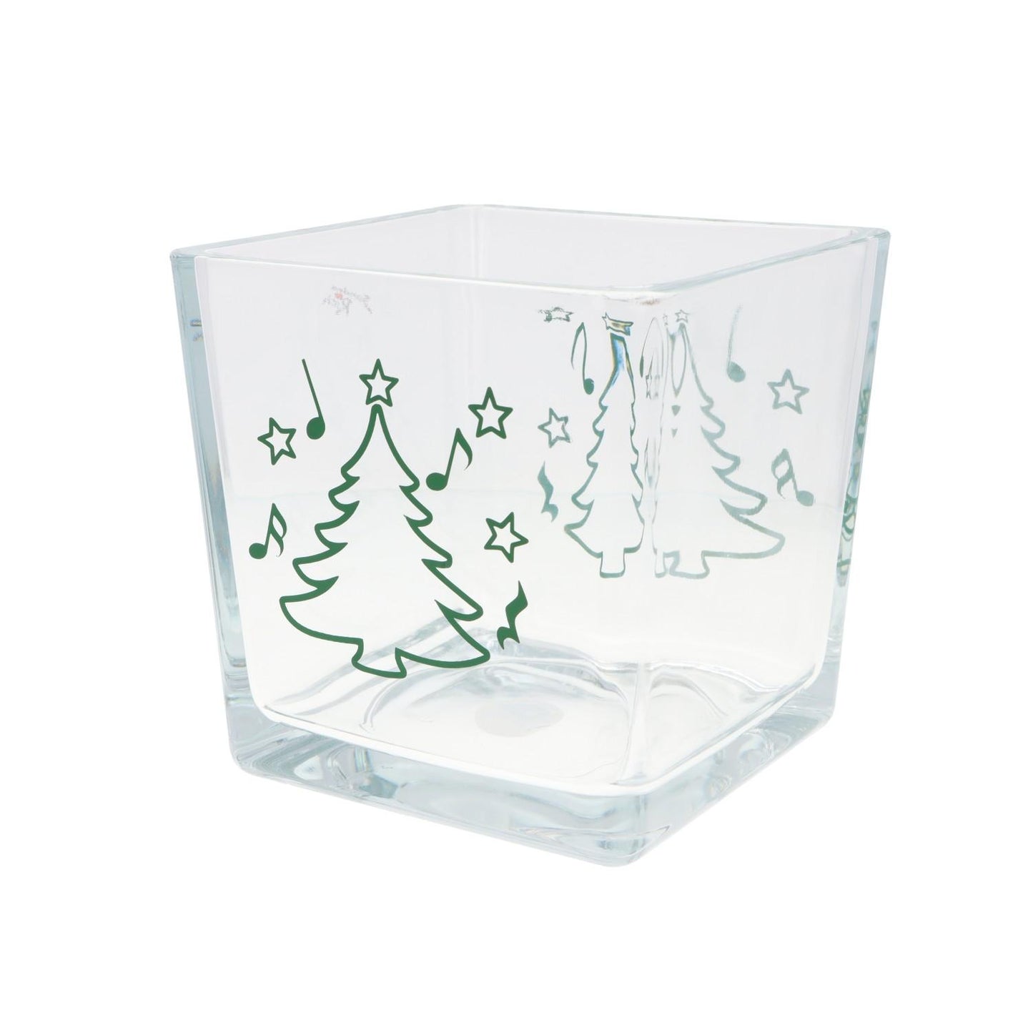 Weihnachtliche Glas-Vase mit Noten, Tannenbaum und Sternen