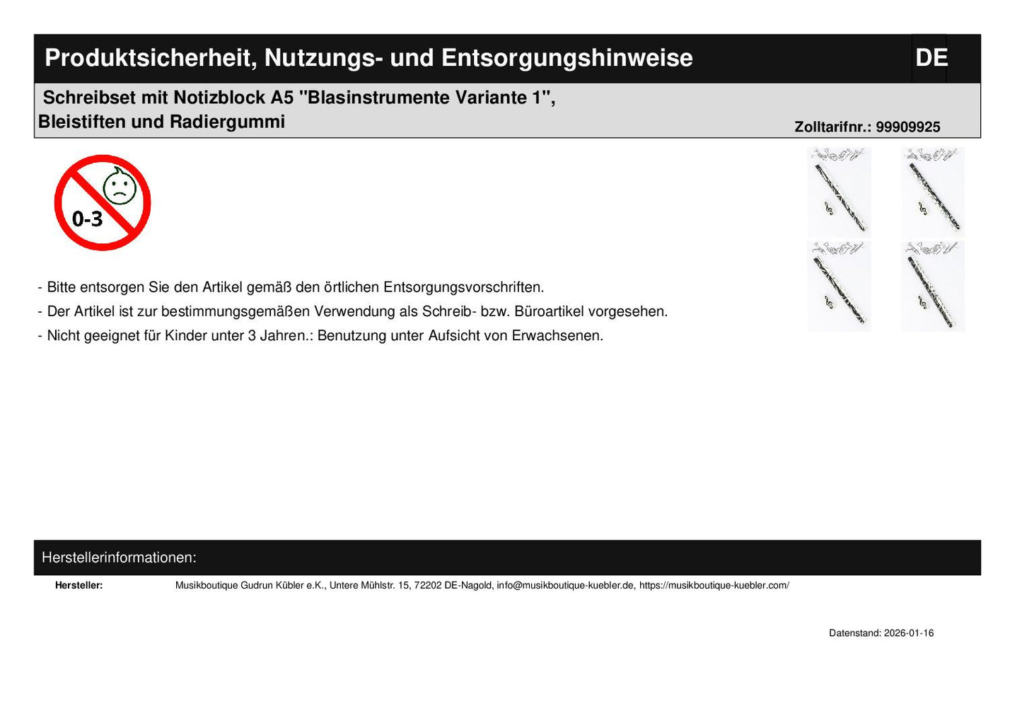 Schreibset mit Notizblock A5 "Blasinstrumente Variante 1", Bleistiften und Radiergummi