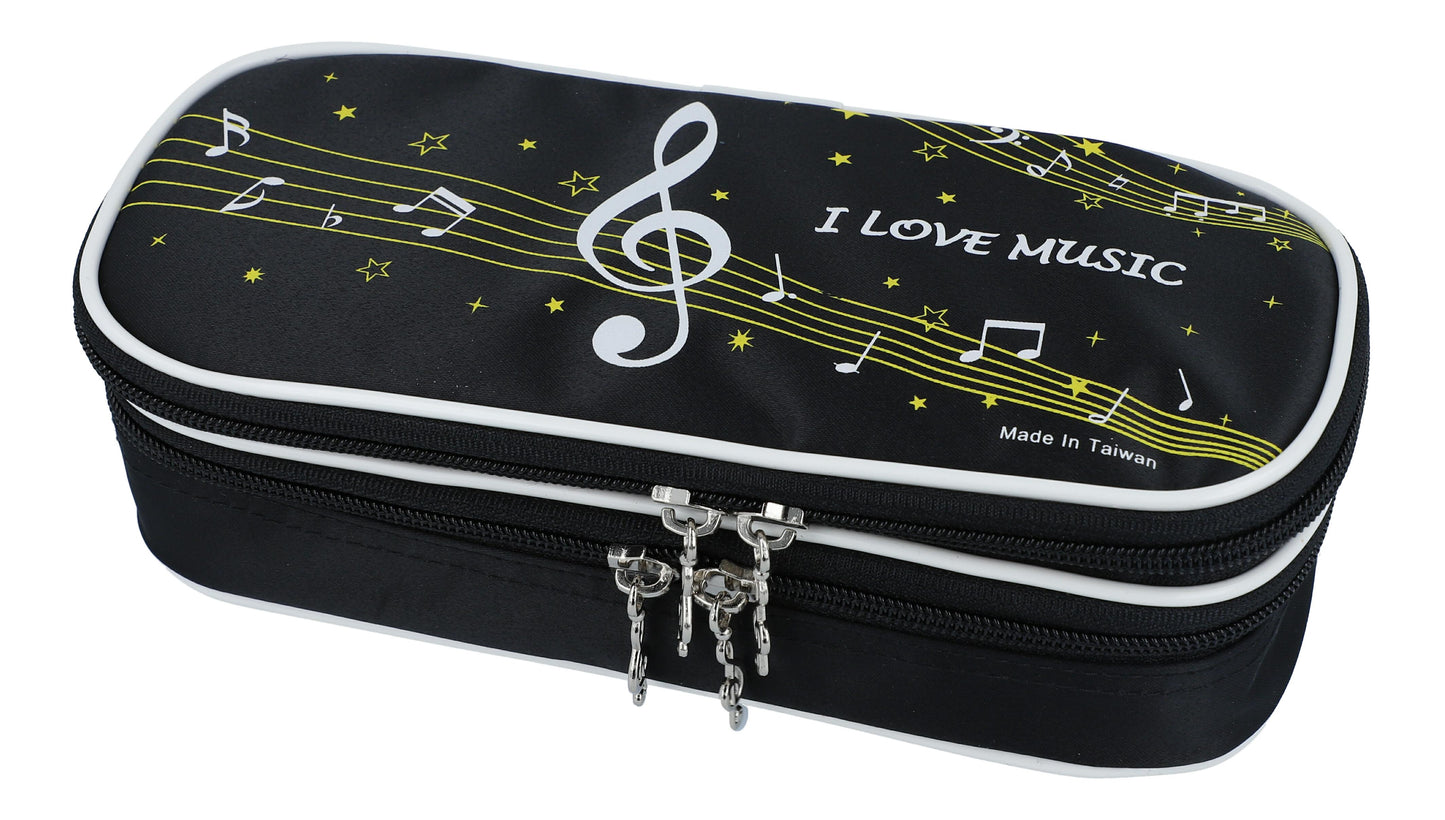 Stiftmäppchen mit Griff, schwarz mit Violinschlüssel und Notenzeilen
