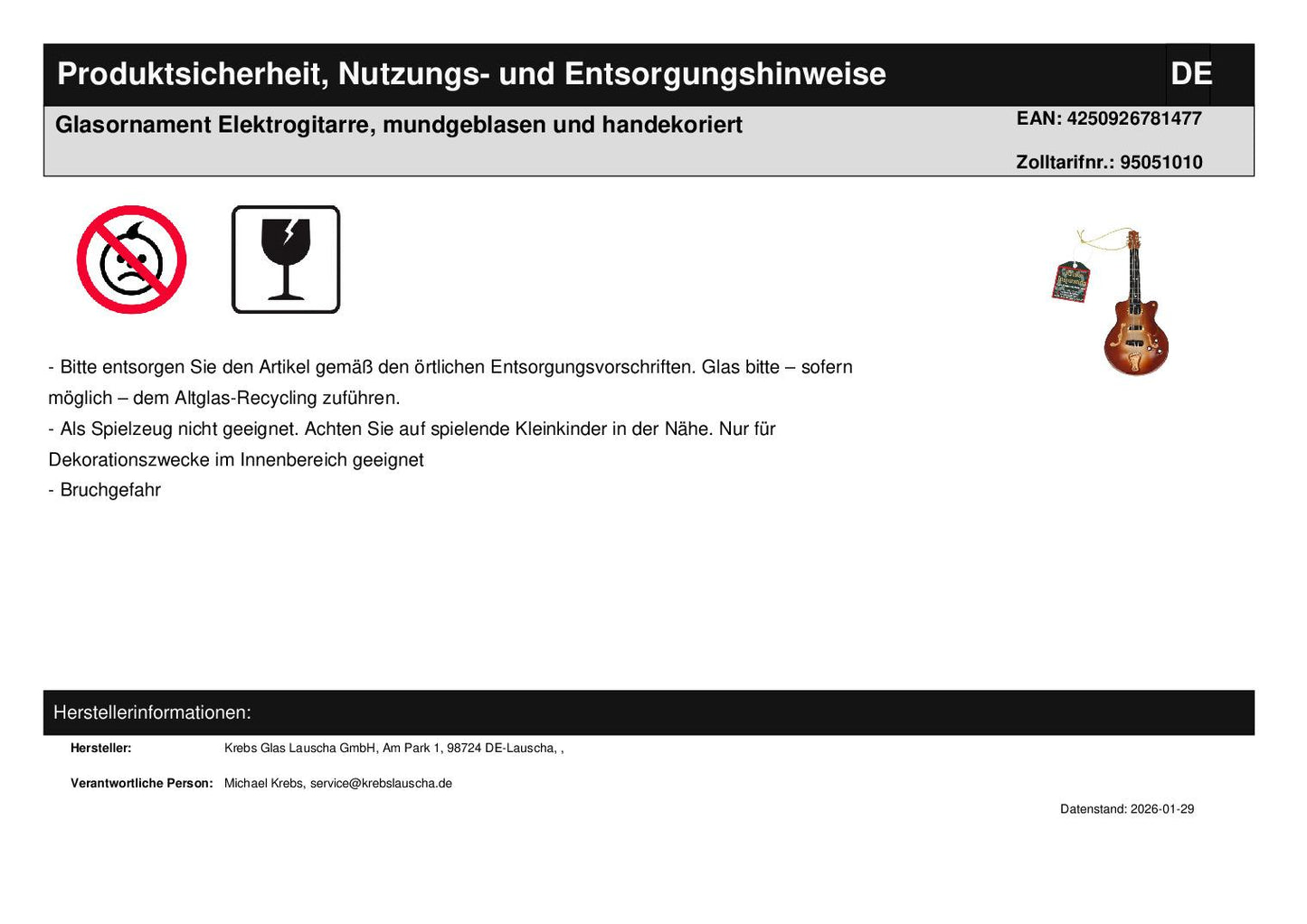 Glass ornament electric guitar, mouth-blown and hand-decorated