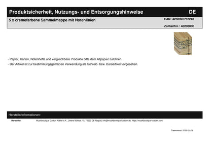 5 x cremefarbene Sammelmappe mit Notenlinien