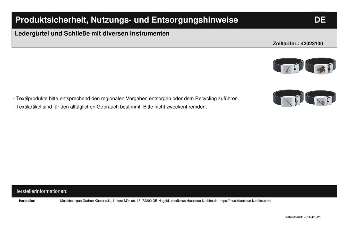Ledergürtel und Schließe mit diversen Instrumenten