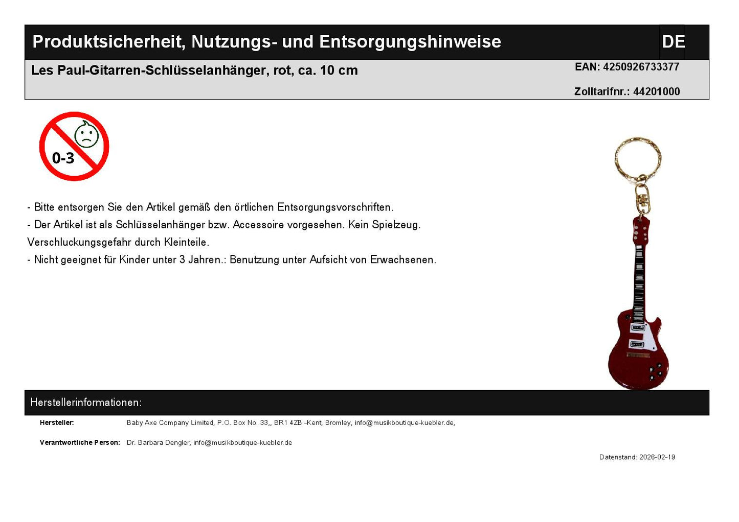 Les Paul-Gitarren-Schlüsselanhänger, rot, ca. 10 cm