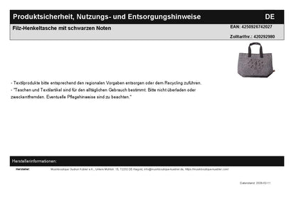 Filz-Henkeltasche mit schwarzen Noten