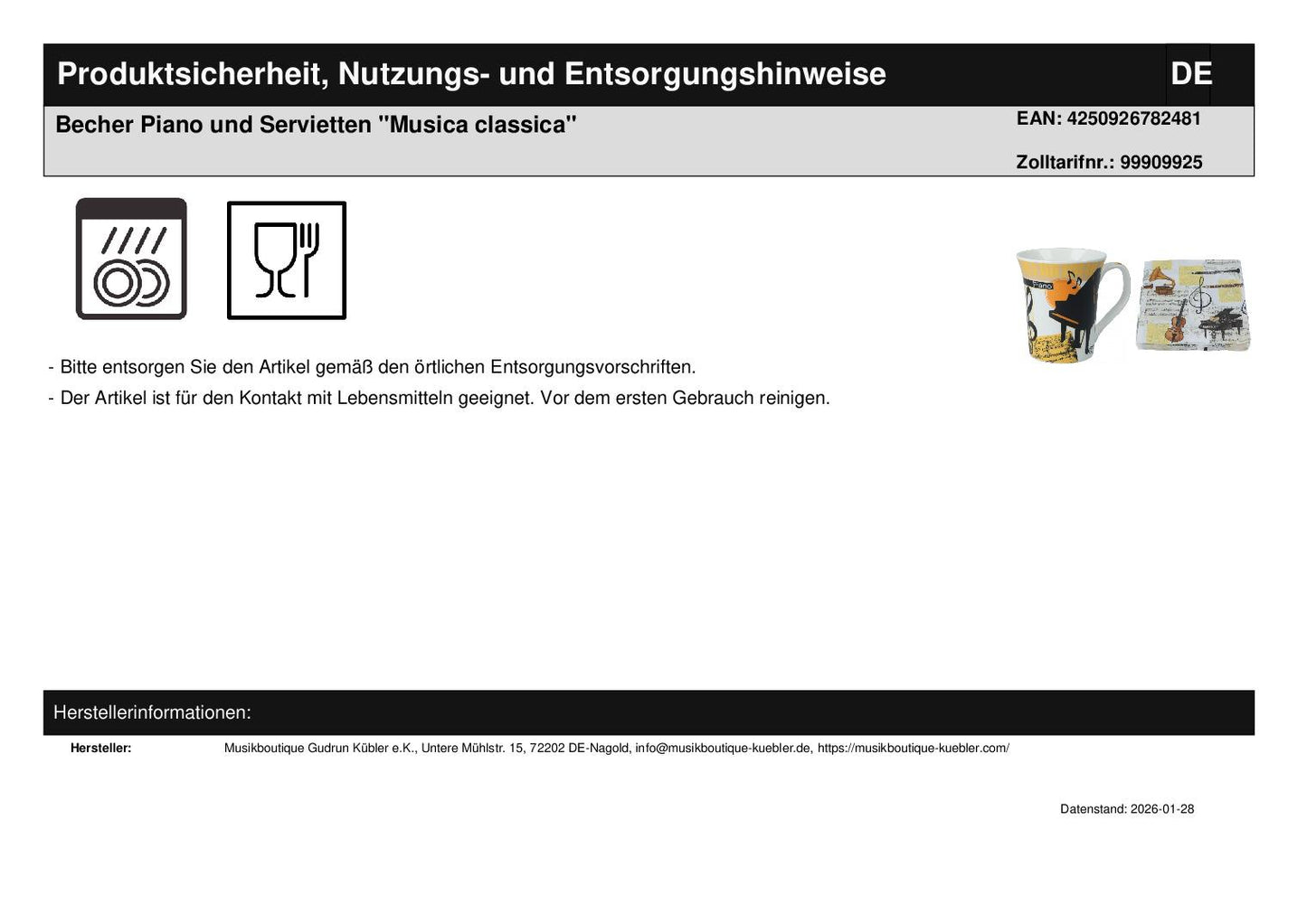 Cup Instruments-Piano and Napkins "Musica classica"