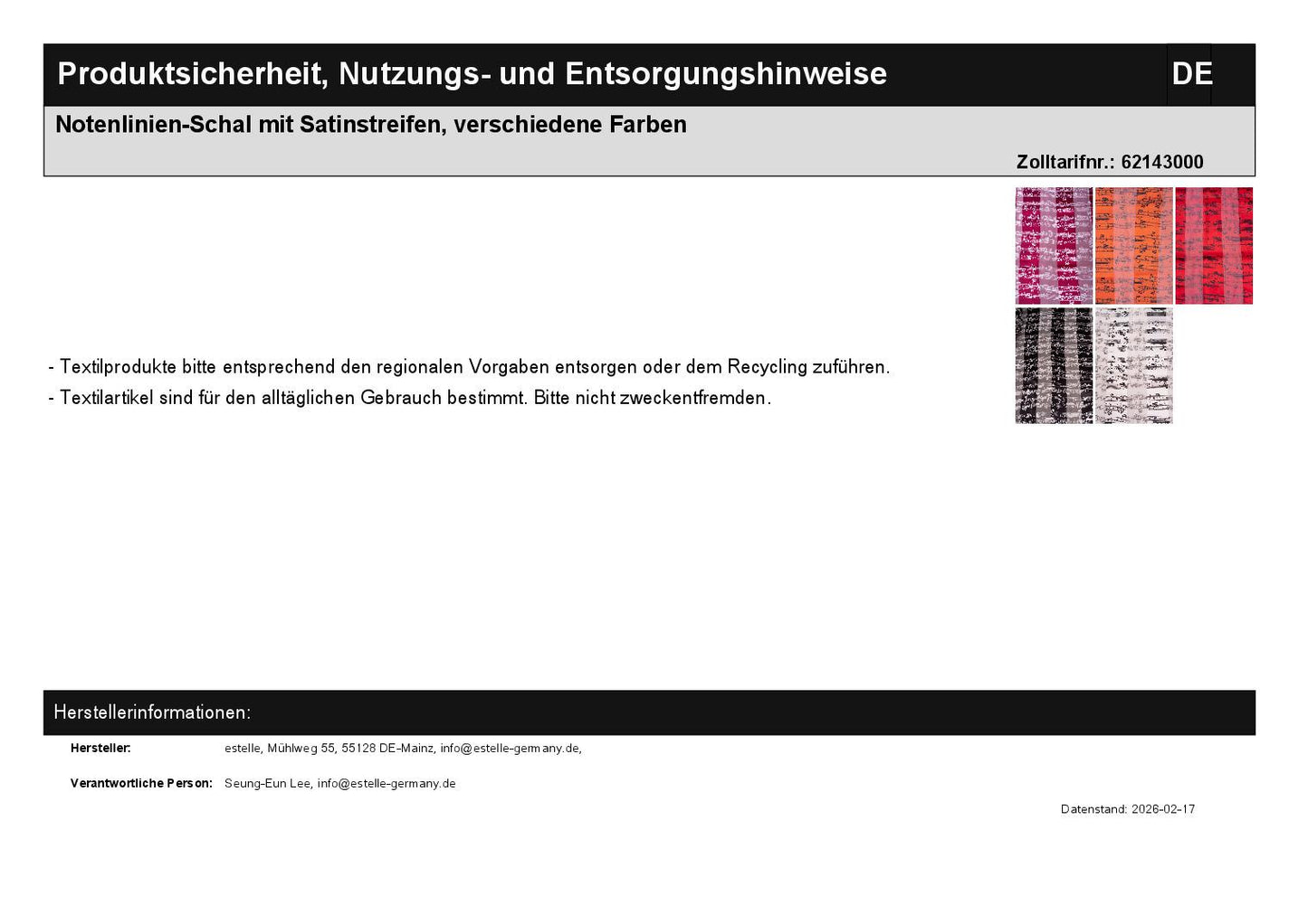 Notenlinien-Schal mit Satinstreifen, verschiedene Farben