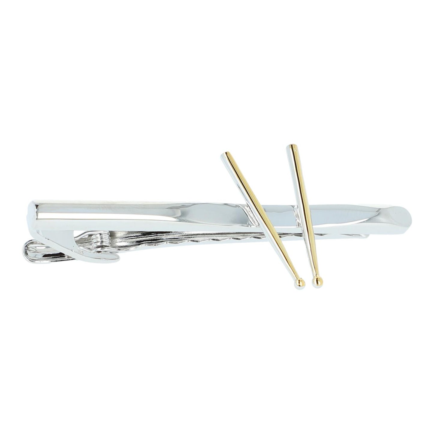 silberne Krawattenklammer mit goldenen Drumsticks, Stick, Schlägel