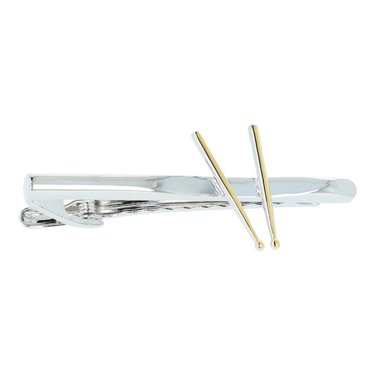 silver tie clip with golden drumsticks, stick, mallet