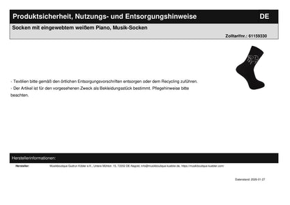 Socken mit eingewebtem weißem Piano, Musik-Socken