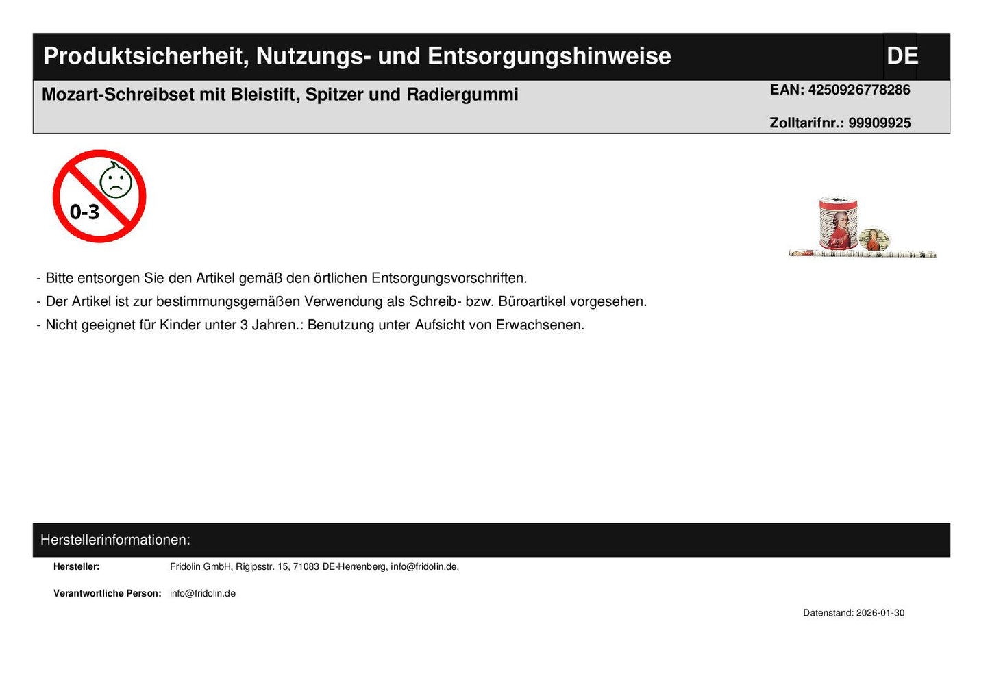 Mozart writing set with pencil, sharpener and eraser