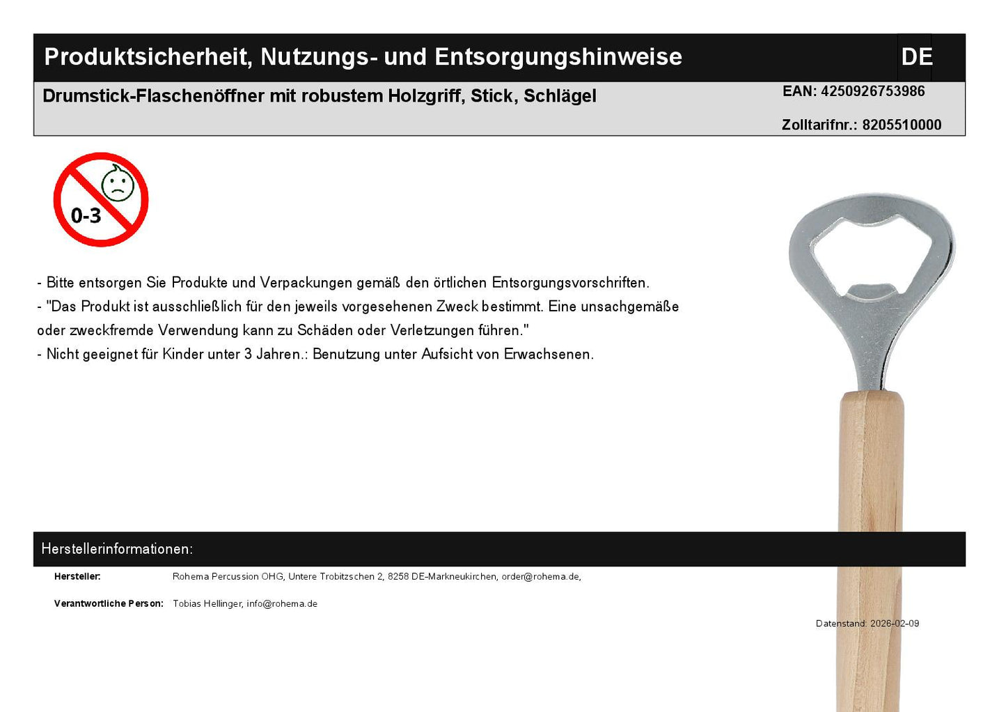 Drumstick-Flaschenöffner mit robustem Holzgriff, Stick, Schlägel