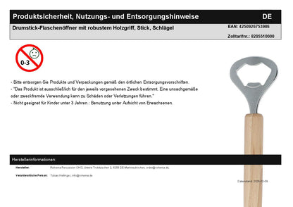 Drumstick-Flaschenöffner mit robustem Holzgriff, Stick, Schlägel