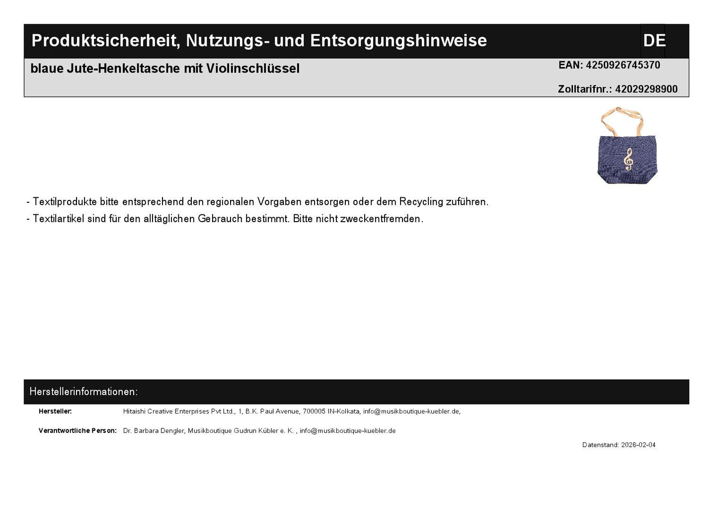 blaue Jute-Henkeltasche mit Violinschlüssel