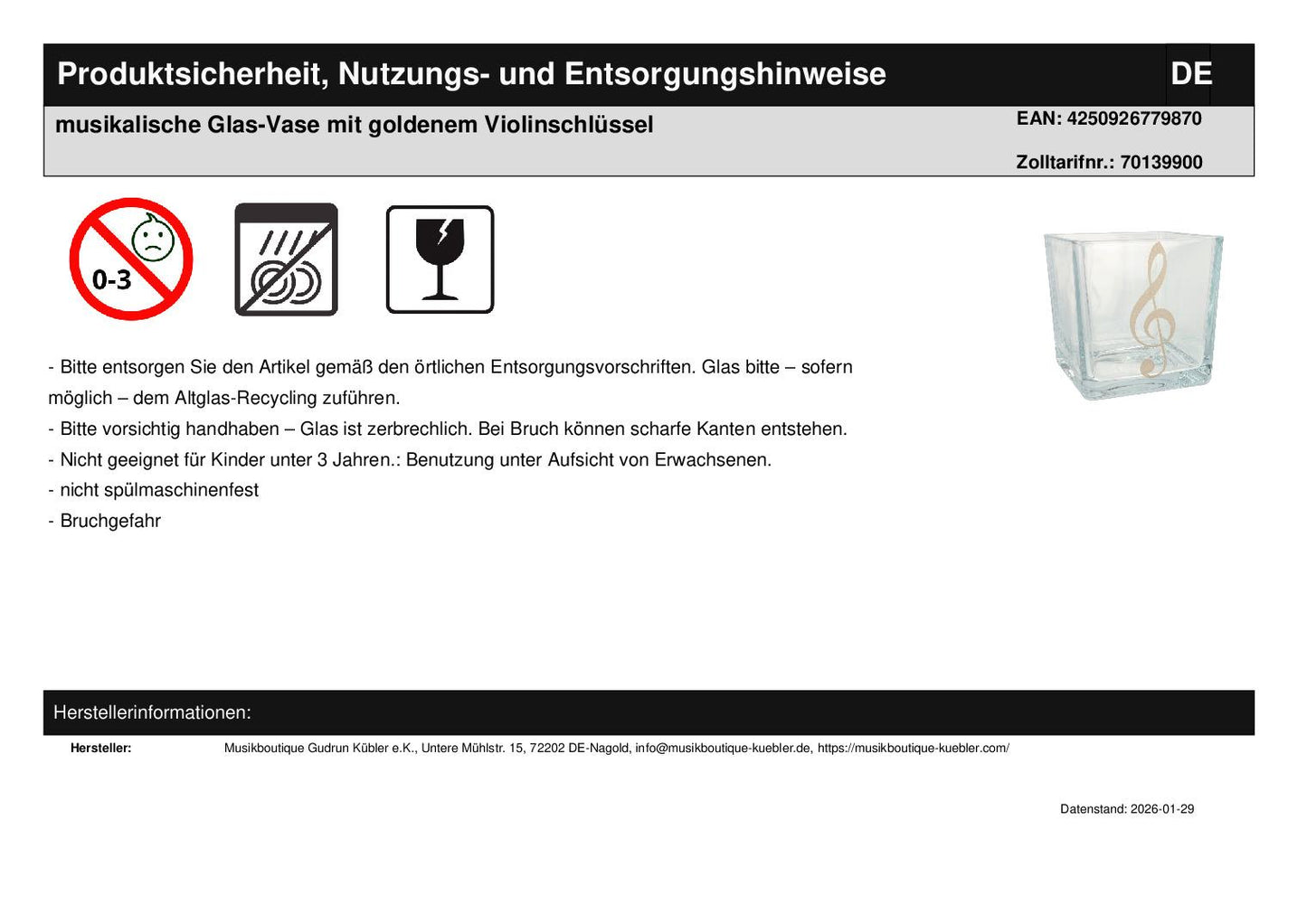 musikalische Glas-Vase mit goldenem Violinschlüssel