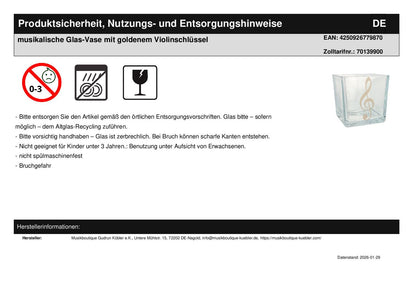 musikalische Glas-Vase mit goldenem Violinschlüssel