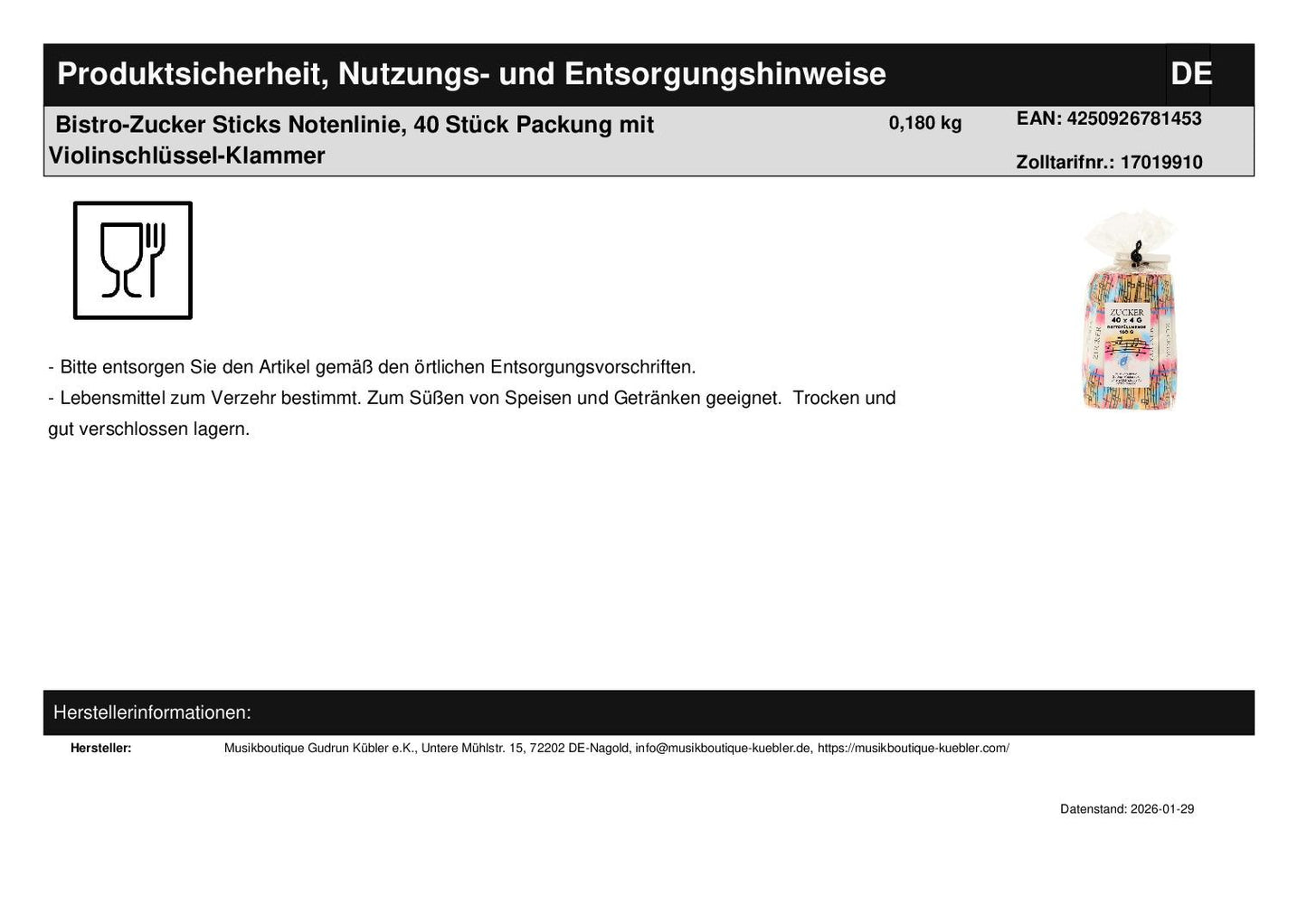 Bistro-Zucker Sticks Notenlinie, 40 Stück Packung mit Violinschlüssel-Klammer
