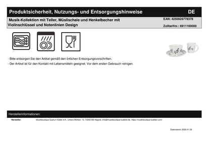 Musik-Kollektion mit Teller, Müslischale und Henkelbecher mit Violinschlüssel und Notenlinien Design