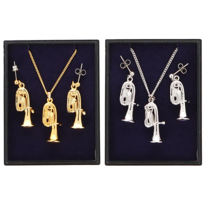 Tuba Ohrhänger und Anhänger mit Kette in Displaybox, versilbert oder vergoldet, Blasmusik