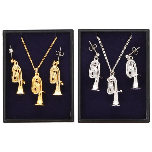 Tuba Ohrhänger und Anhänger mit Kette in Displaybox, versilbert oder vergoldet, Blasmusik