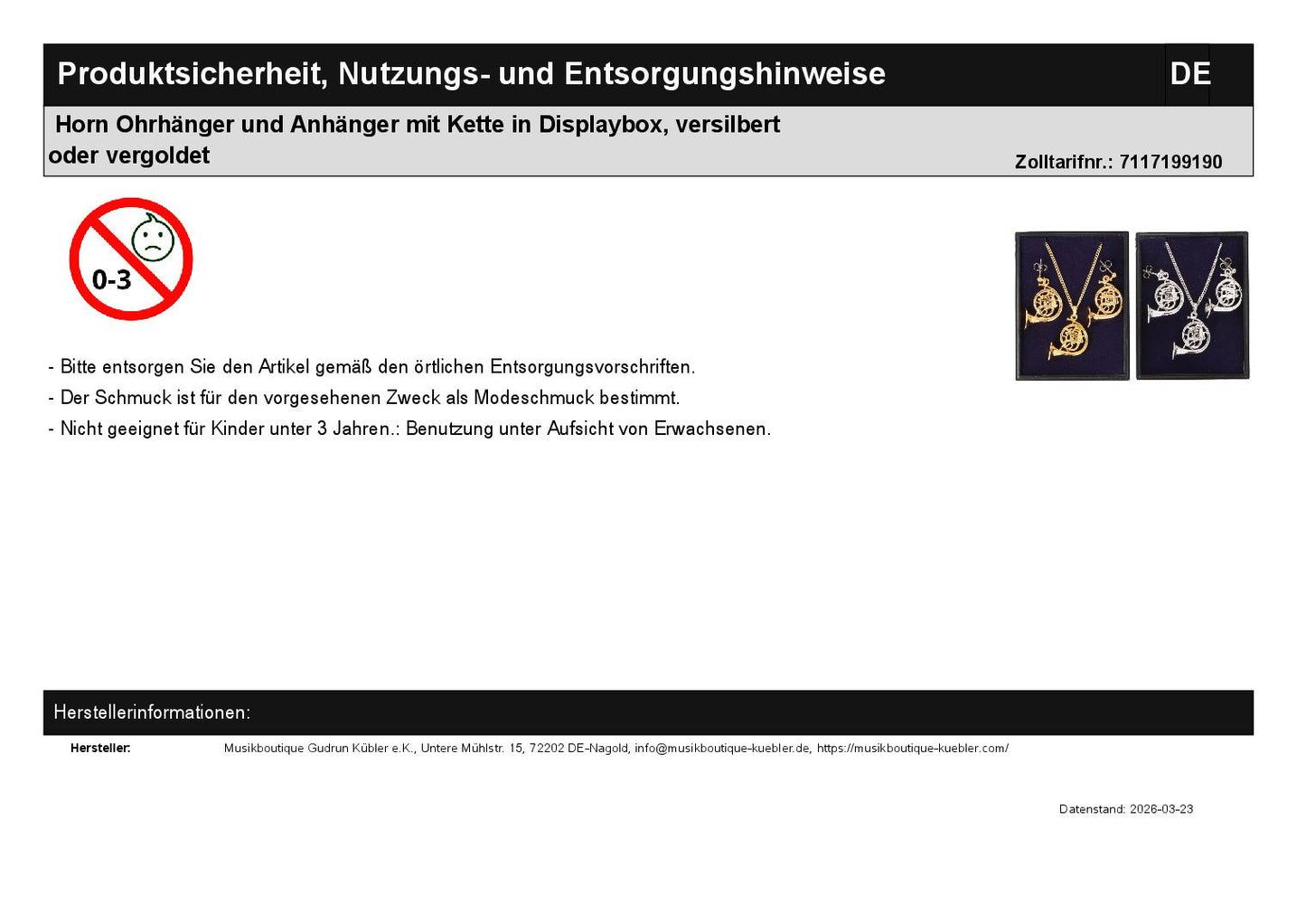 Horn Ohrhänger und Anhänger mit Kette in Displaybox, versilbert oder vergoldet