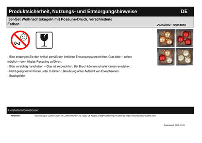 3er-Set Weihnachtskugeln mit Posaune-Druck, verschiedene Farben