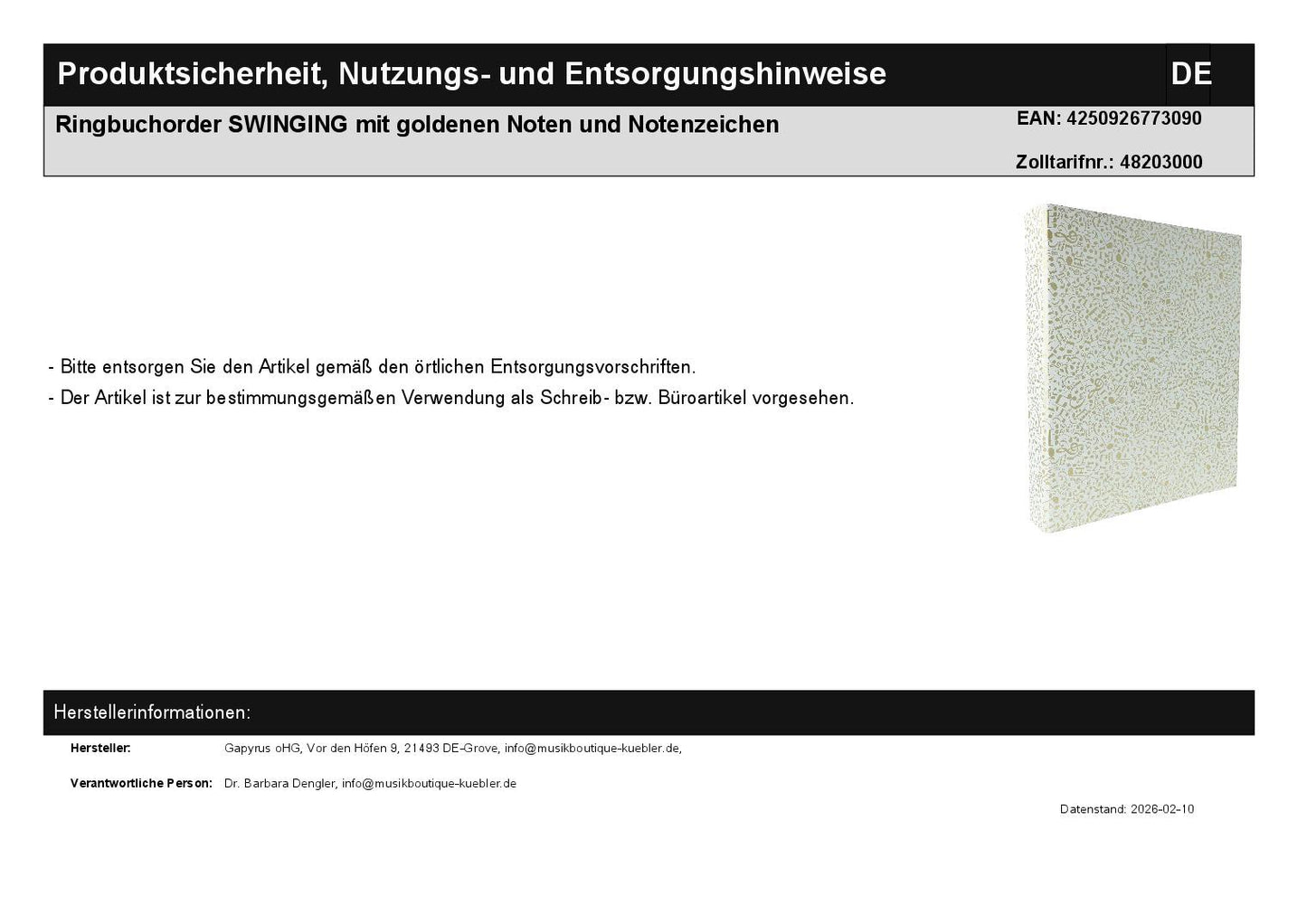 Ring binder SWINGING with golden notes and musical notation