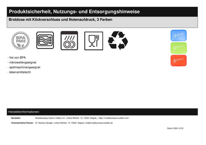 Brotdose mit Klickverschluss und Notenaufdruck, 3 Farben
