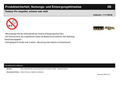 Tastatur Pin vergoldet, schwarz oder weiß