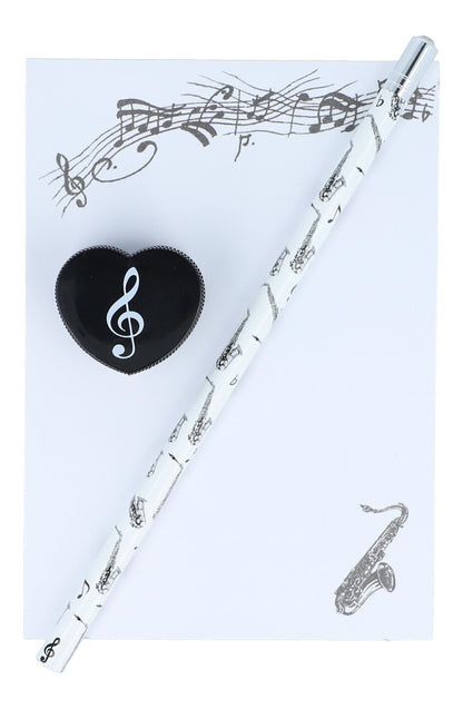 Writing set pencil, sharpener and A6 pad with various instruments