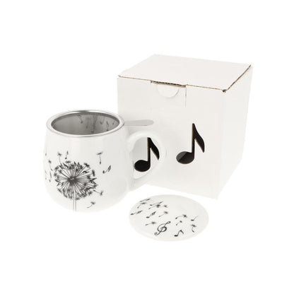 Kuschelbecher Pusteblume mit Noten, inklusive Deckel und Teesieb, Henkelbecher